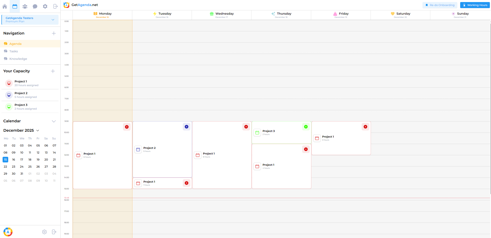 GetAgenda weekly calendar with project hour blocks scheduled across the week