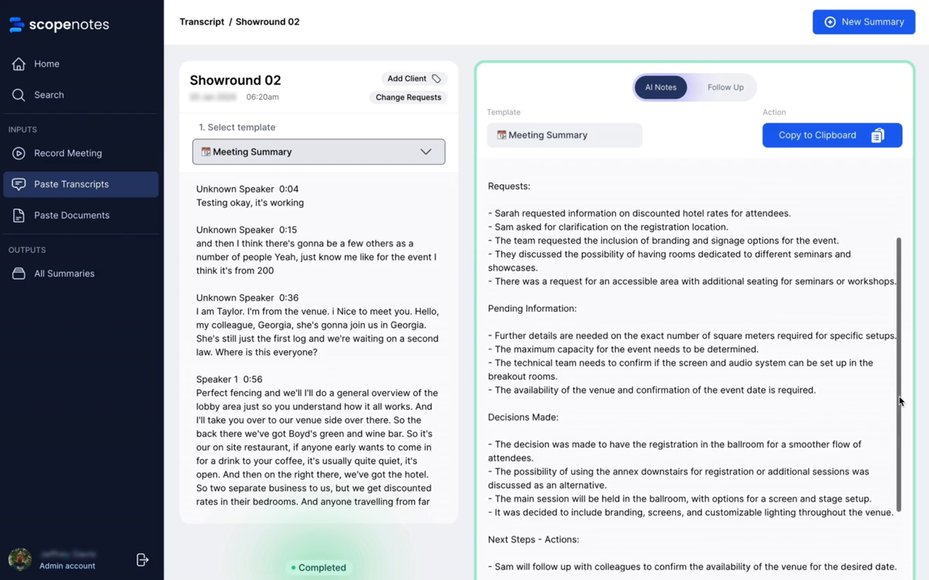 Ascend AI meeting notes interface showing a transcript beside structured AI notes
