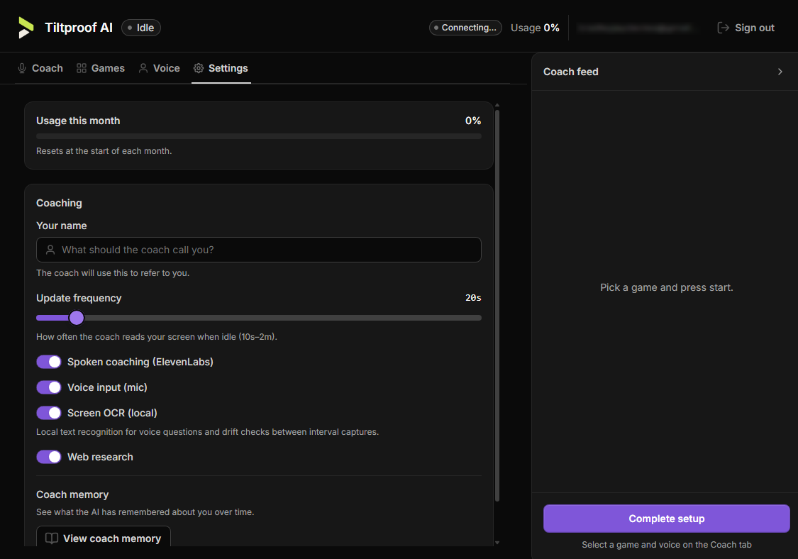 Tiltproof AI settings screen with coaching controls, screen OCR, and ElevenLabs voice options